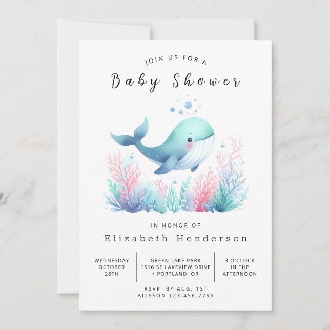 Invitation Baby shower de baleines modifiable simple (Devant)