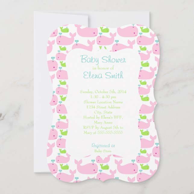Invitation Baby shower de baleines rose et lime (Devant)