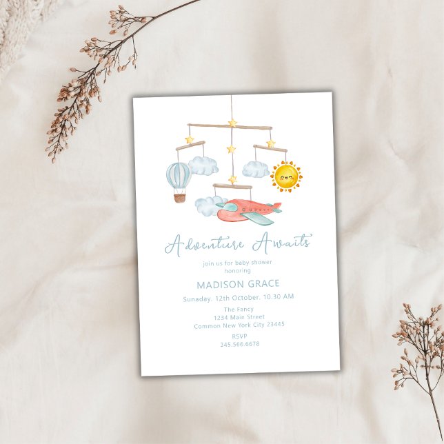 Invitation Baby shower de ballon à air chaud de l'avion d'ave (Adventure Airplane Hot Air Balloon Baby Shower Invitation)