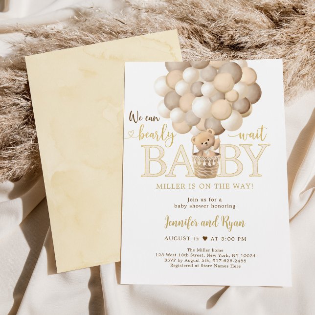 Invitation Baby shower de ballon à air chaud Gold Teddy Bear (Créateur téléchargé)