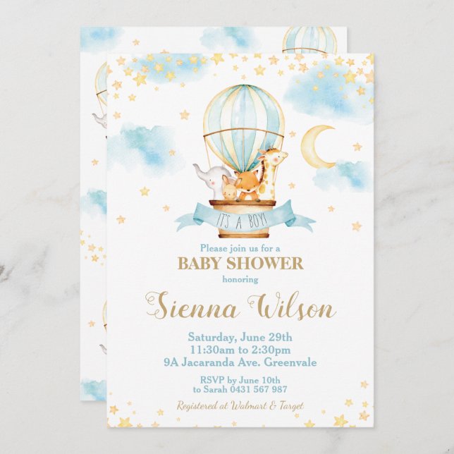 Invitation Baby shower de ballon à air chaud Jungle Animaux G (Devant / Derrière)