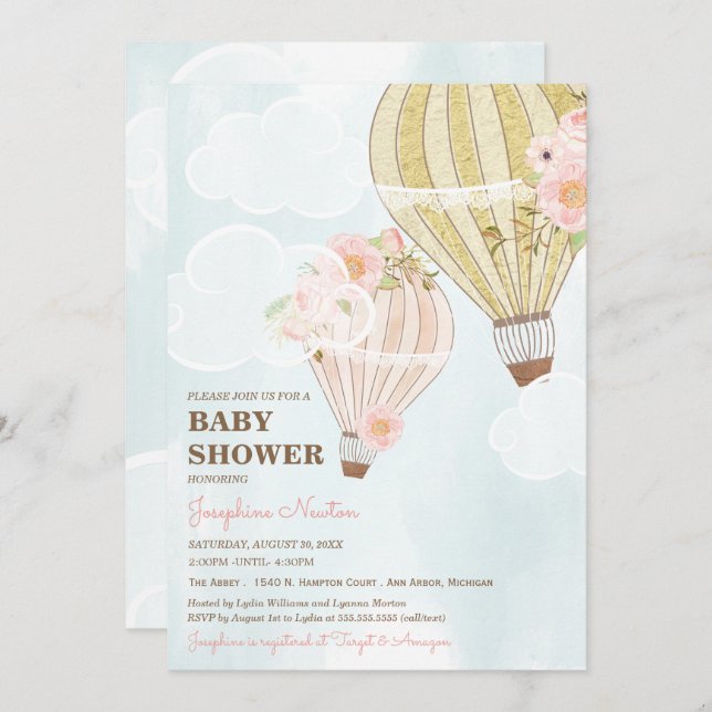 Invitation Baby shower de ballon à air chaud Pastel Pink & Go (Devant / Derrière)