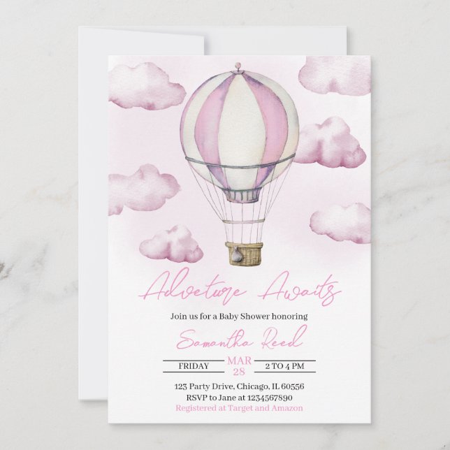 Invitation Baby shower de ballon à air chaud rose (Devant)