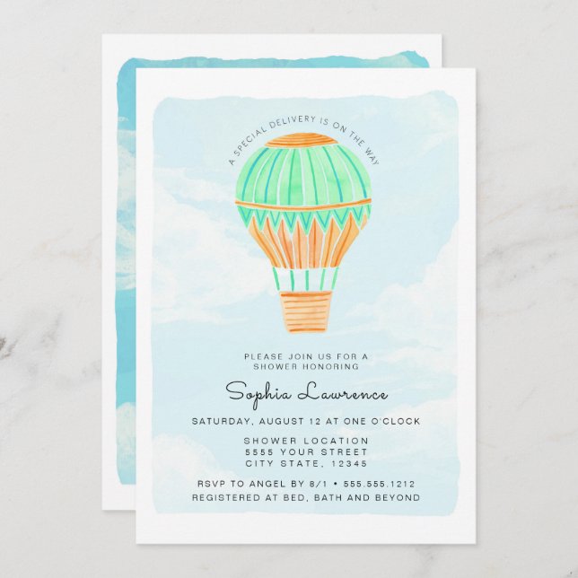 Invitation Baby shower de ballon à air chaud Watercolor (Devant / Derrière)