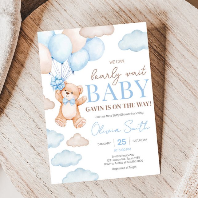 Invitation Baby shower de ballon à ours bleu (Blue Bearly Balloon Baby Shower Invitation)