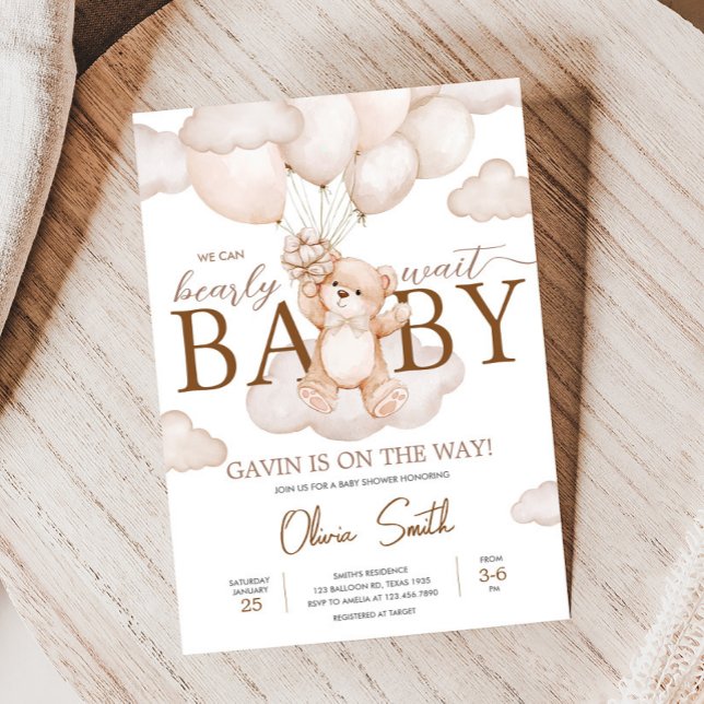 Invitation Baby shower de ballon Brown pour bébé (Brown Bearly Wait Baby Bear Balloon Baby Shower Invitation
)