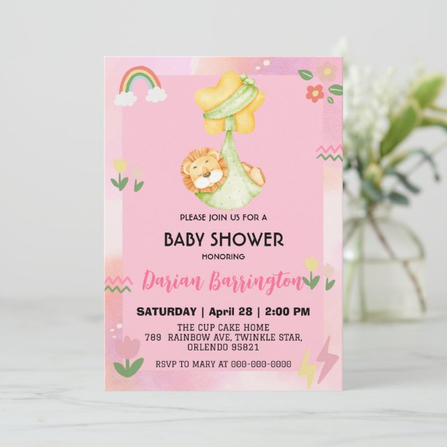 Invitation Baby shower de ballon de fleurs mignonne lion (Debout devant)