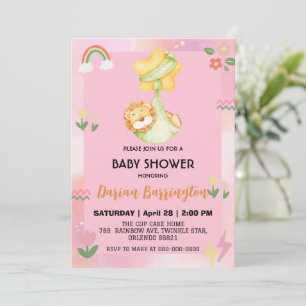 Invitation Baby shower de ballon de fleurs mignonne lion