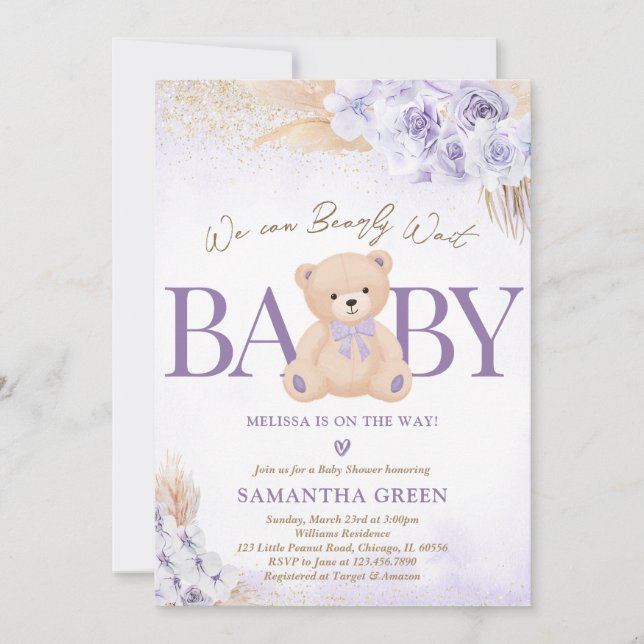 Invitation Baby shower de ballon d'ours pourpre (Devant)