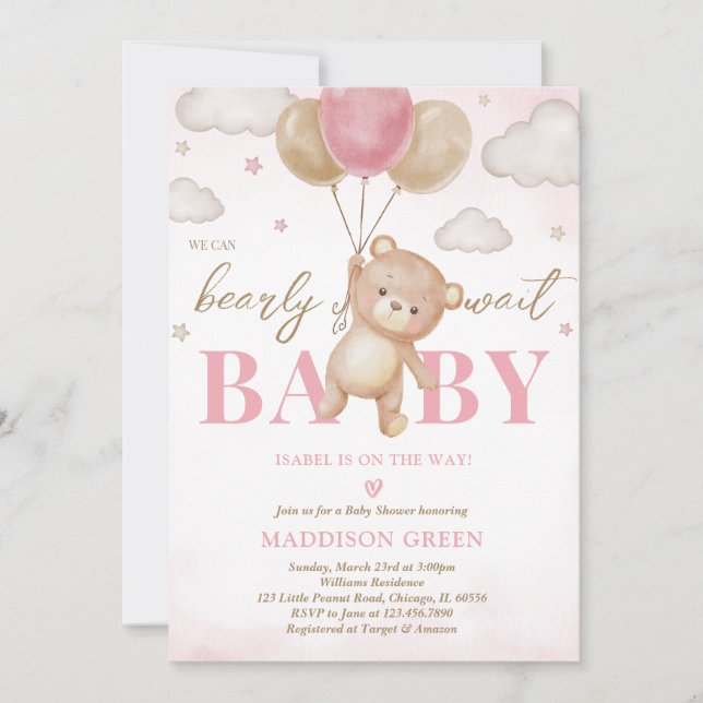 Invitation Baby shower de ballon d'ours rose (Devant)