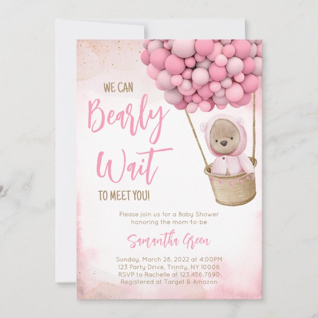 Invitation Baby shower de ballon d'ours rose (Devant)