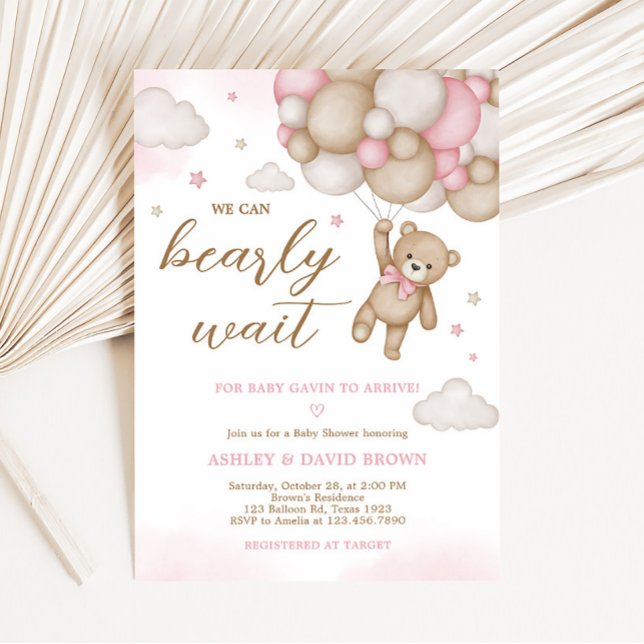 Invitation Baby shower de ballon d'ours rose (Girl Bear Baby Shower Invitation)
