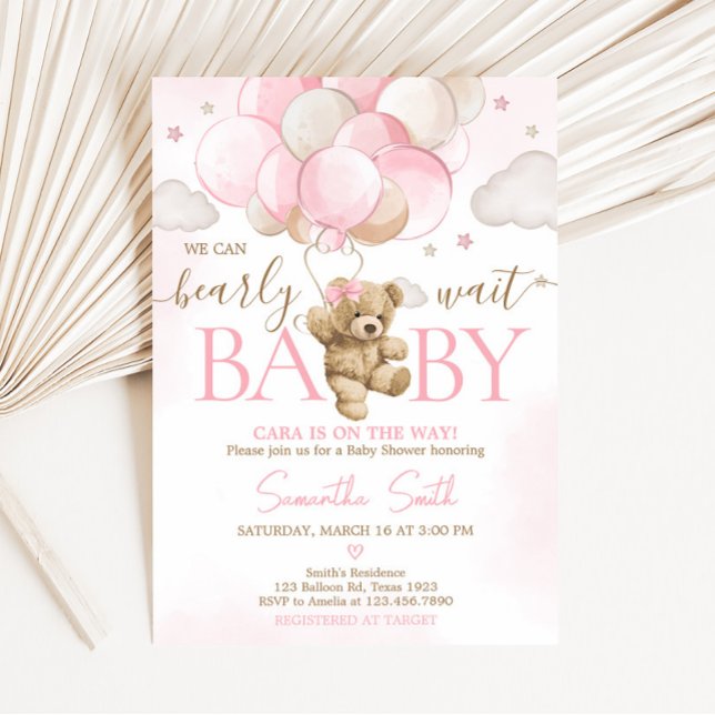 Invitation Baby shower de ballon d'ours rose Boho (We Can Bearly Wait Pink Balloon Baby Shower Invitation )