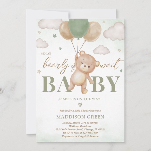Invitation Baby shower de ballon d'ours vert (Devant)