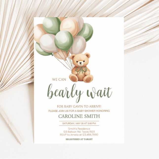 Invitation Baby shower de ballon d'ours vert Sage (Green Boho Bear Baby Shower Invitation)