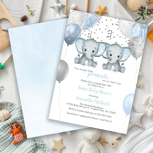 Invitation Baby shower de ballon Elephant Twin Boy (Elephant Twin Boys Balloon Baby Shower Invitation)