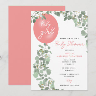 Invitation Baby shower de ballon rose Eucalyptus pour fille m