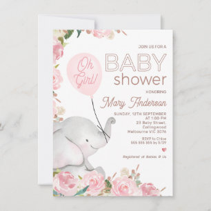 Invitation Baby shower de ballon rose fleuri Boho
