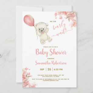 Invitation Baby shower de ballon rose floral Boho Teddy Bear