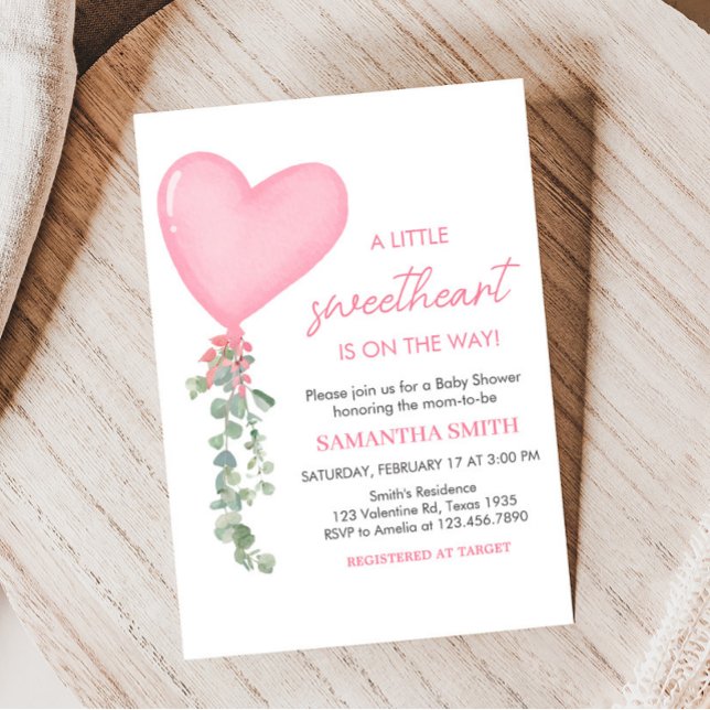 Invitation Baby shower de ballon rose Valentine (A Little Sweetheart Balloon Baby Shower invitation)