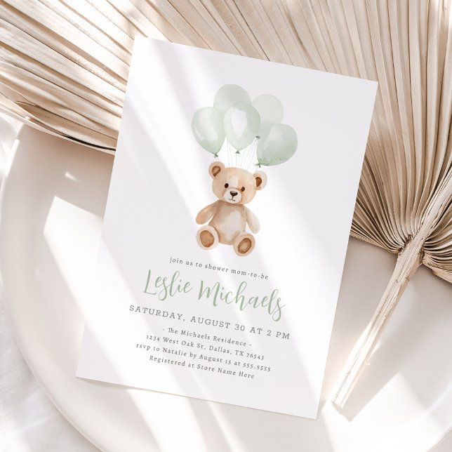 Invitation Baby shower de ballon vert Teddy Bear Sage (Créateur téléchargé)