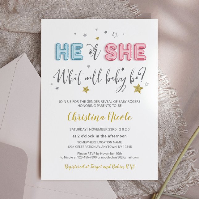 Invitation Baby shower de ballons à huile rose et bleu (Créateur téléchargé)