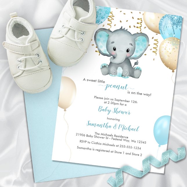Invitation Baby shower de Ballons d'or Turquiose Eléphant (Cute Elephant Turquiose Gold Balloons Baby Shower Invitation)