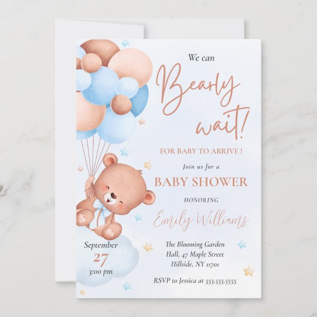 Invitation Baby shower de Ballons d'ours à aquarelle bleu (Devant)
