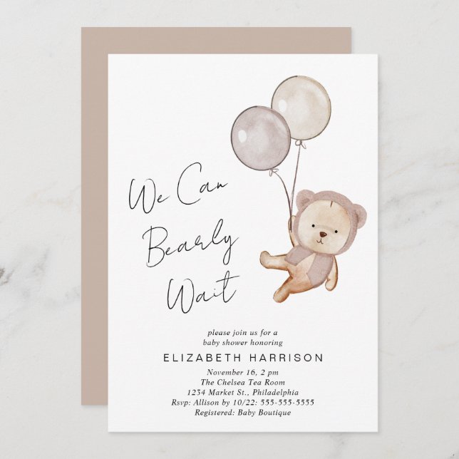 Invitation Baby shower de ballons d'ours en peluche de Boho (Devant / Derrière)