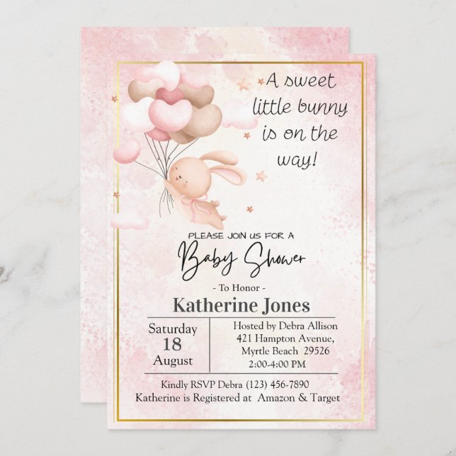 Invitation Baby shower de ballons lapin en aquarelle rose (Devant / Derrière)