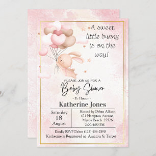 Invitation Baby shower de ballons lapin en aquarelle rose
