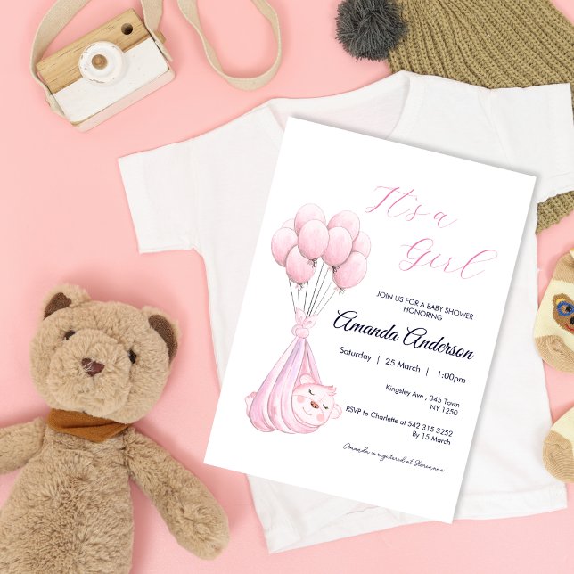 Invitation Baby shower de ballons pour filles rose (Cute Pink Girl Bear Balloon Baby Shower Invite)
