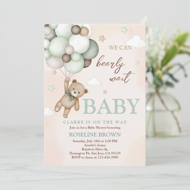 Invitation Baby shower de ballons verts de l'ours Brown Sage (Debout devant)