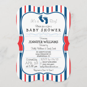 Invitation Baby shower de bandes rouge, blanc et bleu