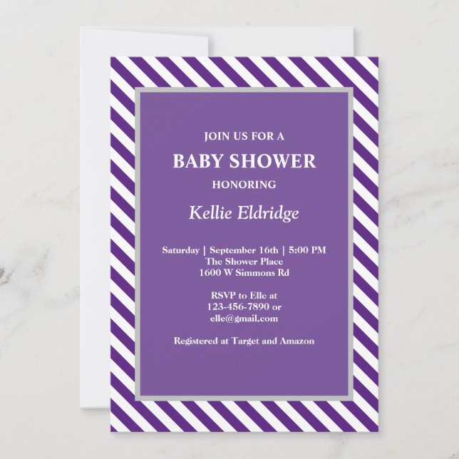 Invitation Baby shower de bandes violettes/blanche (Devant)