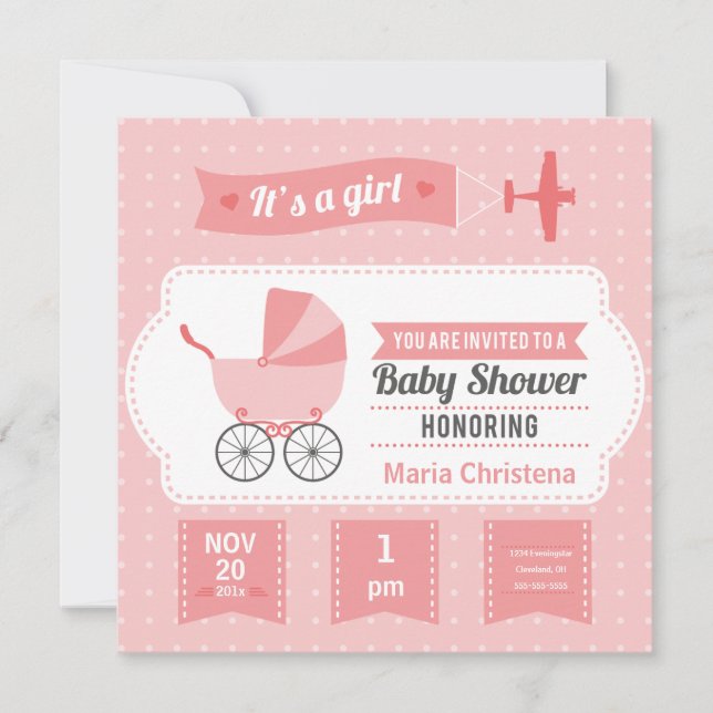 Invitation Baby shower de bannière d'avion (rose) (Devant)