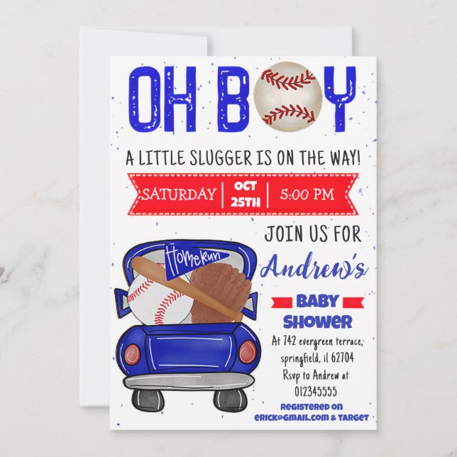 Invitation Baby shower de base-ball personnel Little Slugger (Devant)