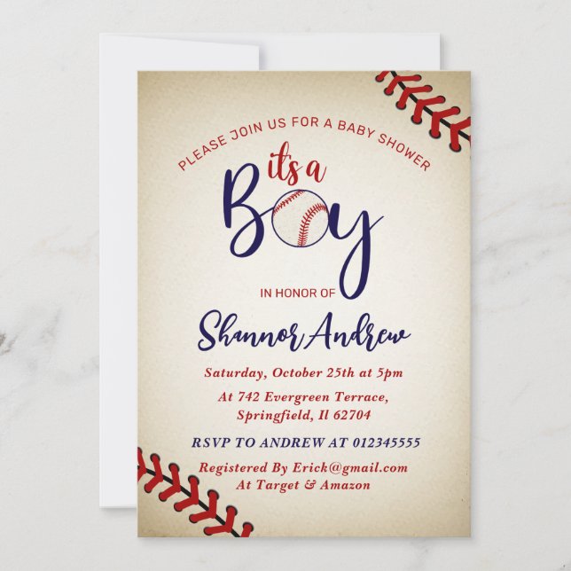Invitation Baby shower de base-ball Vintage individuel (Devant)