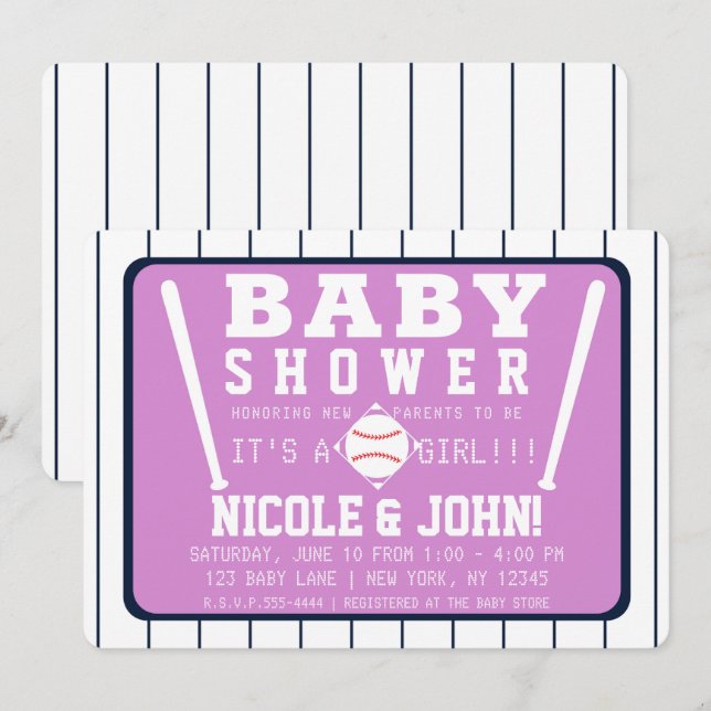 Invitation Baby Shower de Baseball aux Rayures Blanches et Bl (Devant / Derrière)