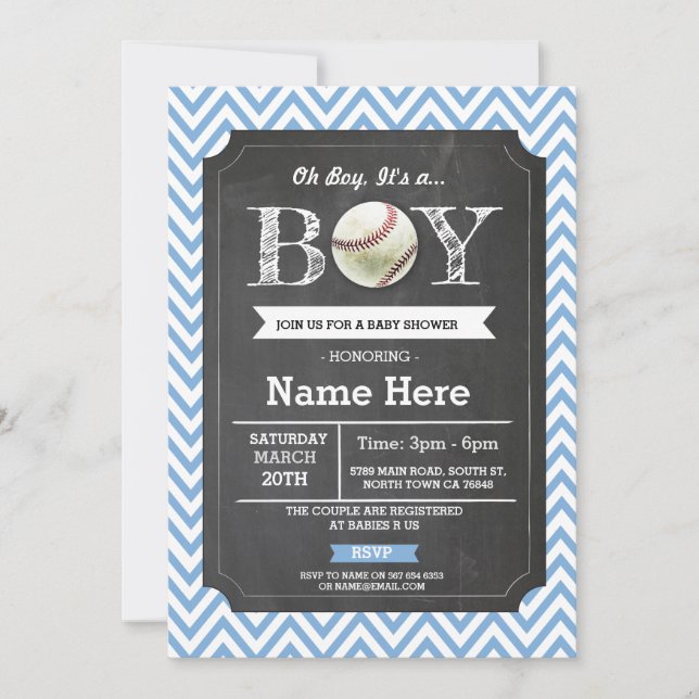Invitation Baby shower de baseball Blue Boy Chevron Invitatio (Devant)