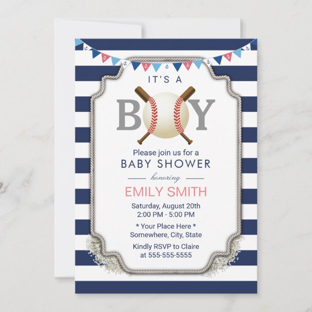 Invitation Baby shower de baseball Boy Nautical Navy Stripes (Devant)