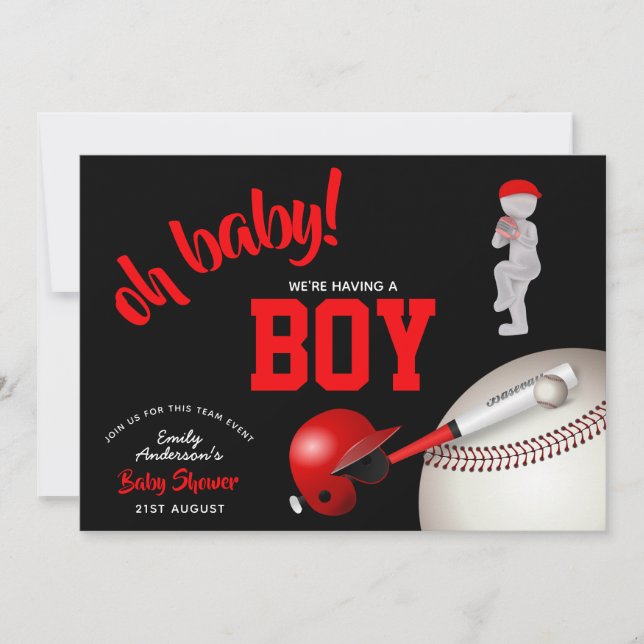 Invitation BABY SHOWER de baseball de garçon Red Black Invita (Devant)