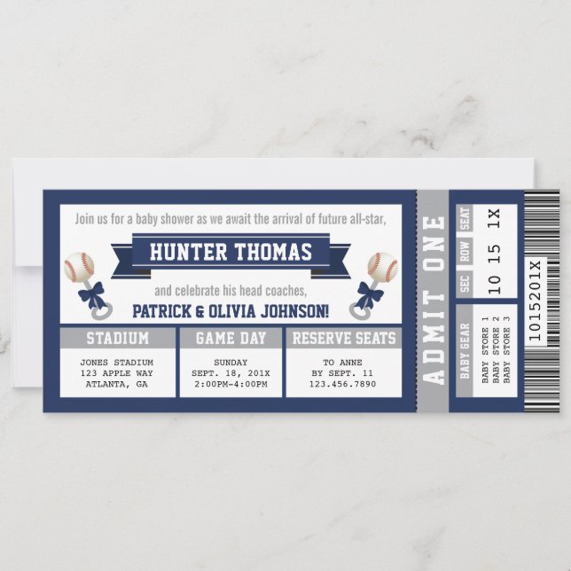 Invitation Baby shower de baseball Invitation, Bleu, Gris (Devant)