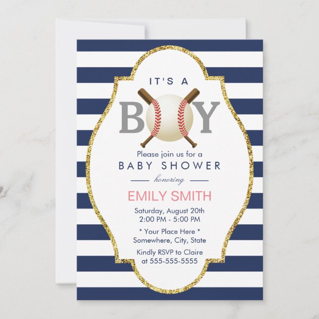 Invitation Baby shower de baseball moderne Navy Blue Stripes (Devant)