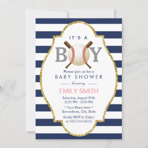 Invitation Baby shower de baseball moderne Navy Blue Stripes