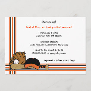 Invitation Baby shower de baseball orange et noir