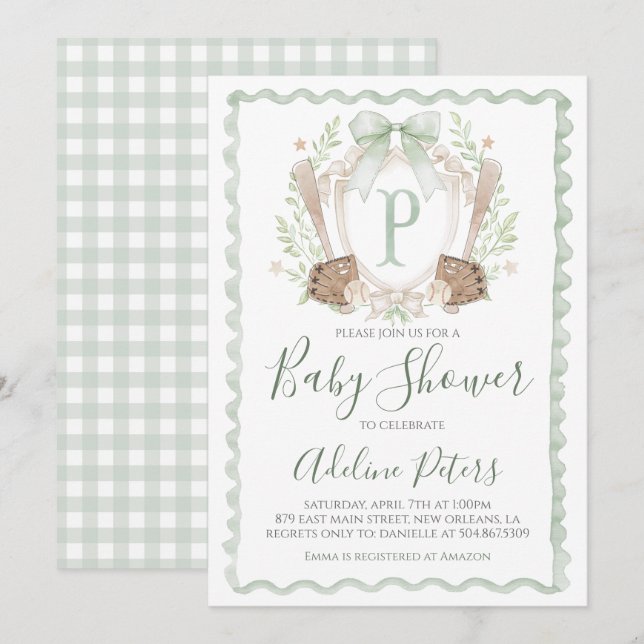 Invitation Baby shower de baseball Preppy Boy En vichy Sage G (Devant / Derrière)