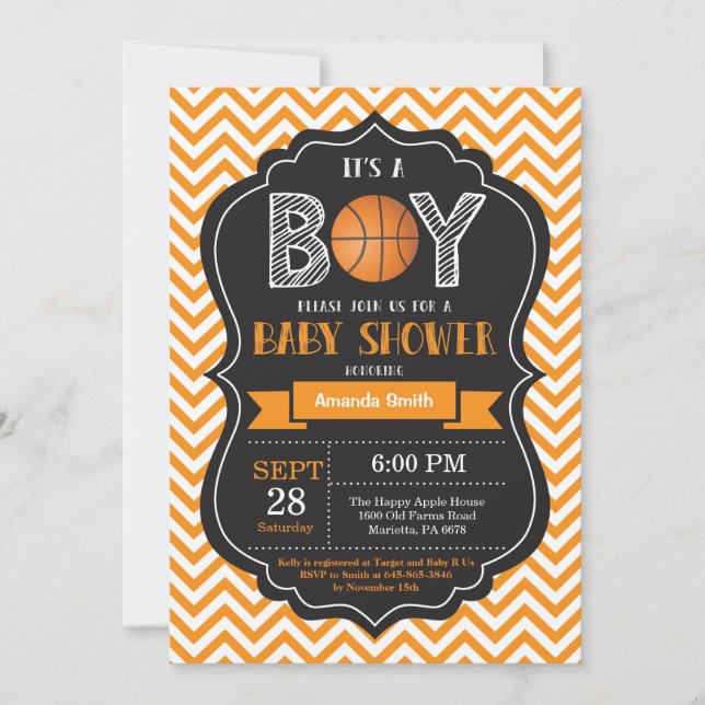Invitation Baby shower de basket-ball Orange Chevr (Devant)