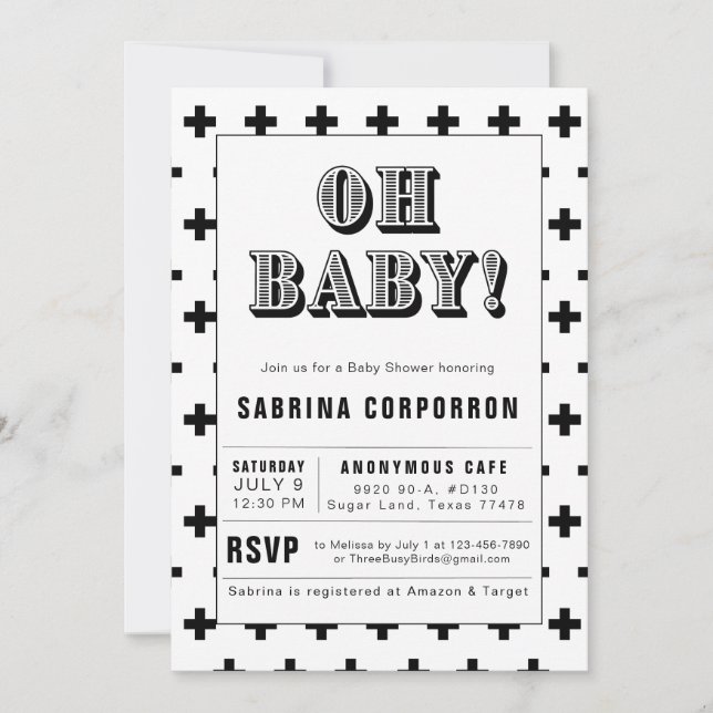 Invitation Baby shower de bébé noir et blanc (Devant)