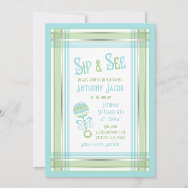 Invitation Baby shower de bétail bleu vert plaid Siroter et v (Devant)